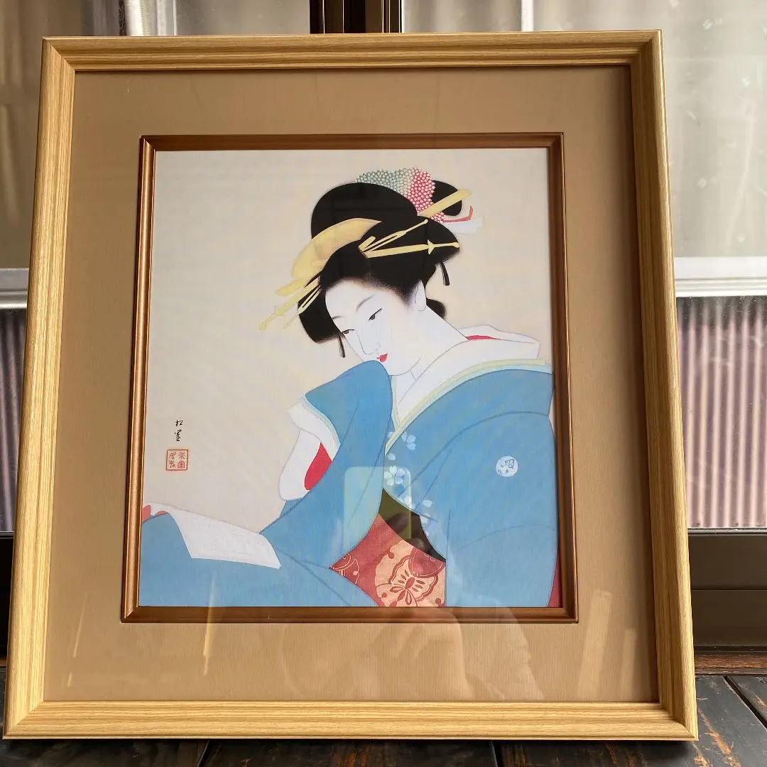 上村松篁 ナデシコ 大型額装品75㎝ 日本画リトグラフ 撫子203/250 落款