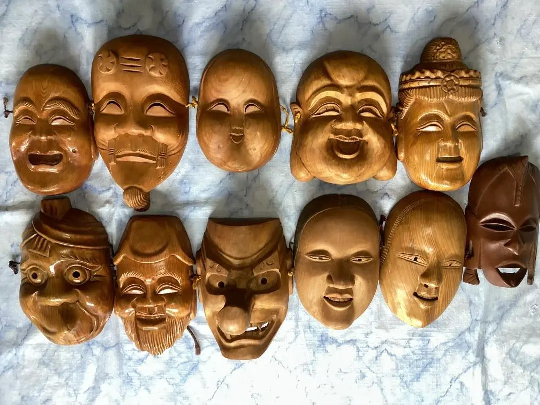 アンティーク扇型 能面 木彫り 般若 翁 ひょっとこ おかめ お面