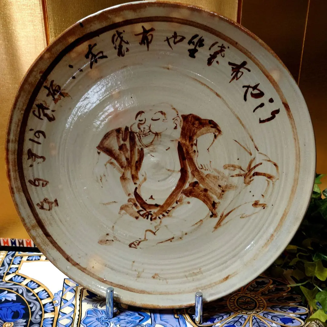 骨董 アンティーク 絵瀬戸 絵志野 鳳凰唐草文様 行燈皿 丸皿 石皿