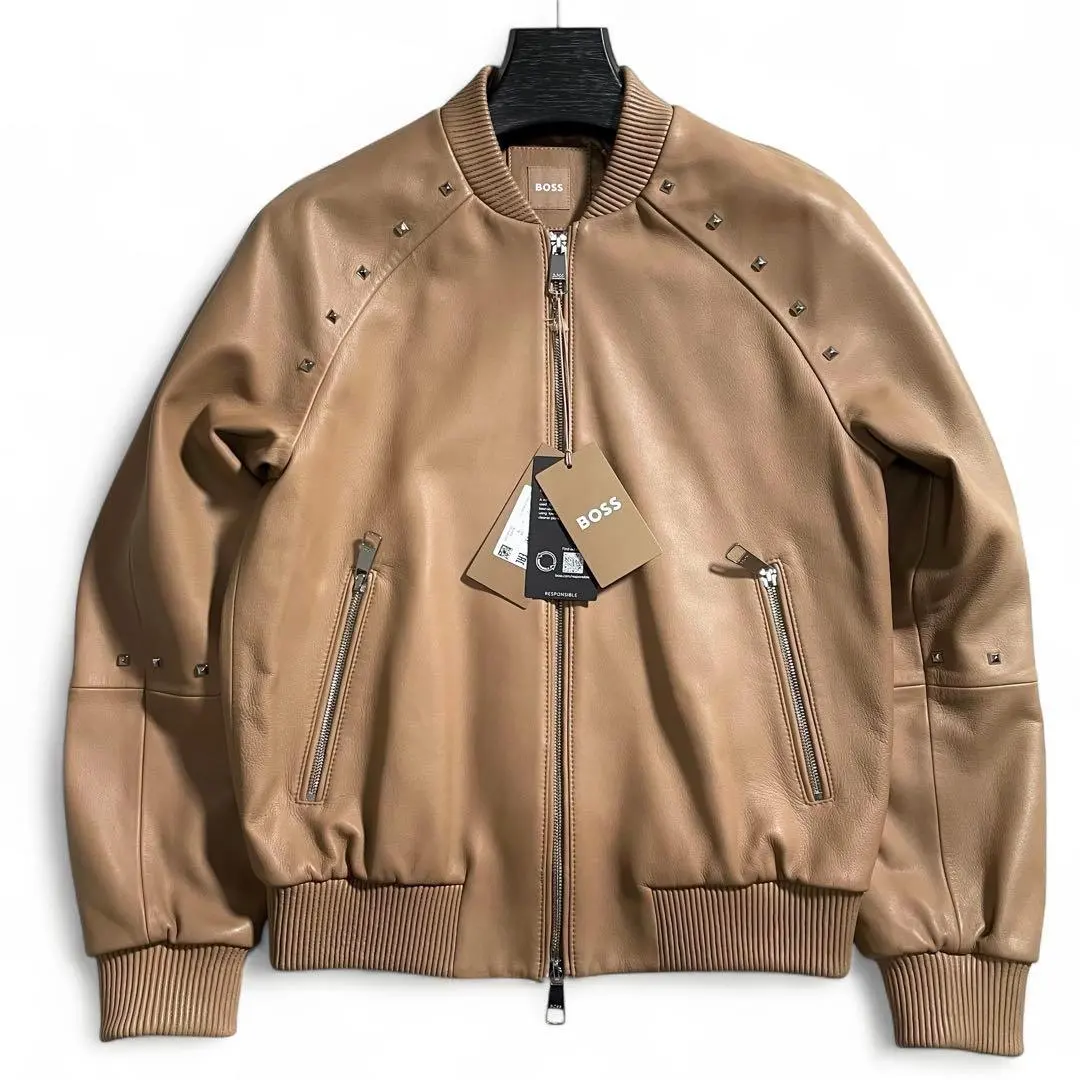 極美品 ヒューゴボス 現行タグ レザージャケット 羊革 3XLサイズ ブラウン