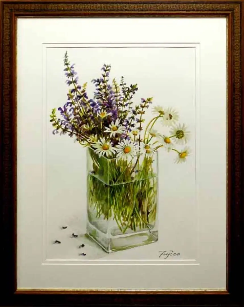 貴重な肉筆原画 橋本不二子「バラと苺(Wishing)」水彩画 直筆サイン入