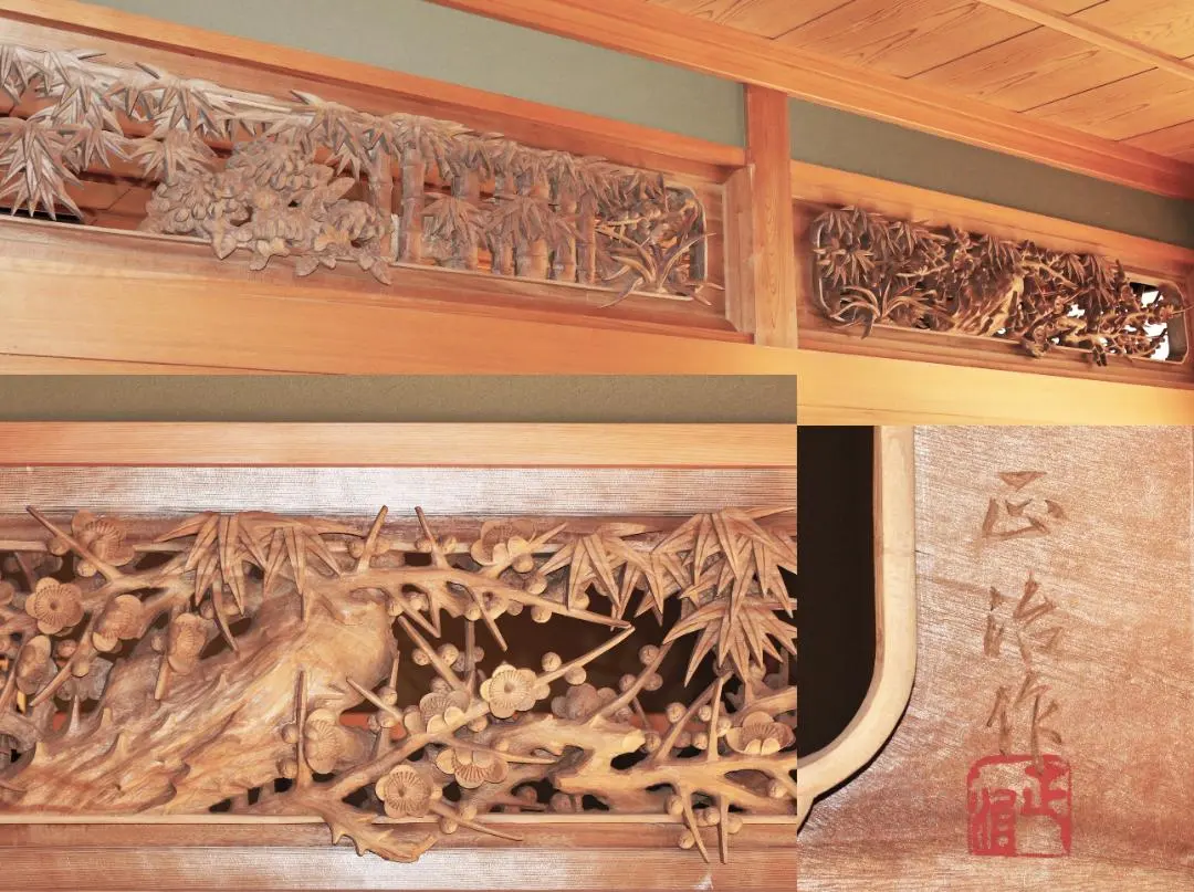 BK196越中井波彫刻名工秀弐 作波千鳥図欄間一対細密彫刻茶室