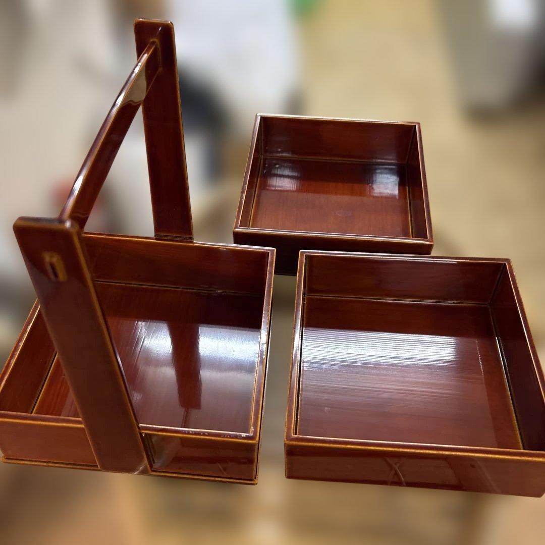 未使用　美品　伝統工芸 飛騨春慶塗 手提げ三段重 箱付き 天然木 漆器 お重