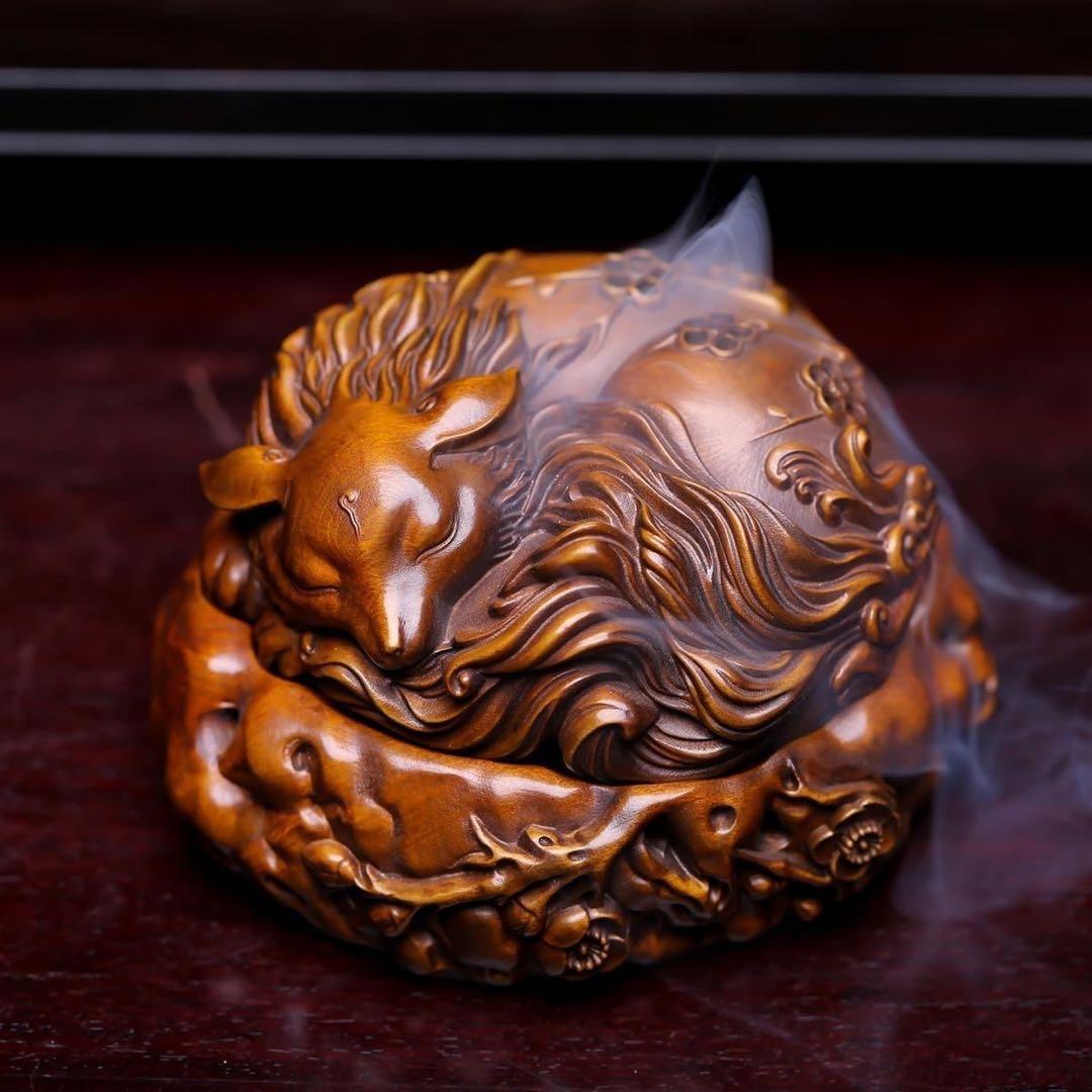 古美術 黄楊木 本物拓植 香炉 香道具 置物 九尾の狐 手作り 極細