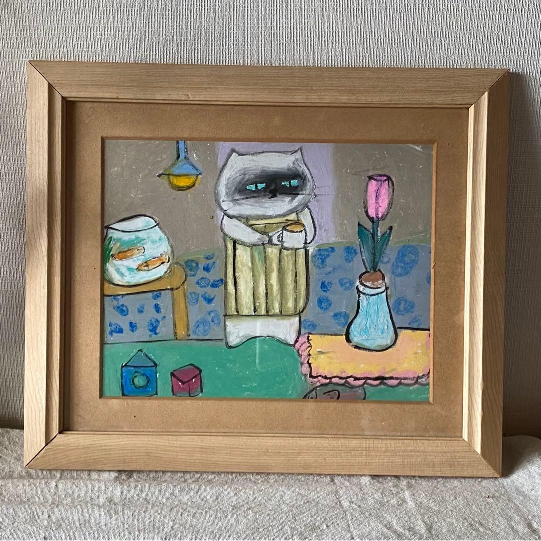 絵画。原画【シャム猫は週末にきれいで暖かい部屋を配置してからコーヒーを飲みます】