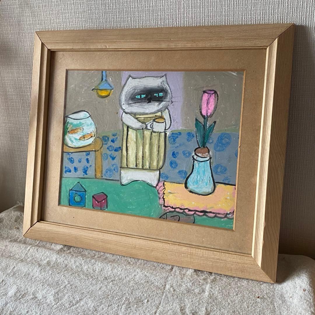 絵画。原画【シャム猫は週末にきれいで暖かい部屋を配置してからコーヒーを飲みます】