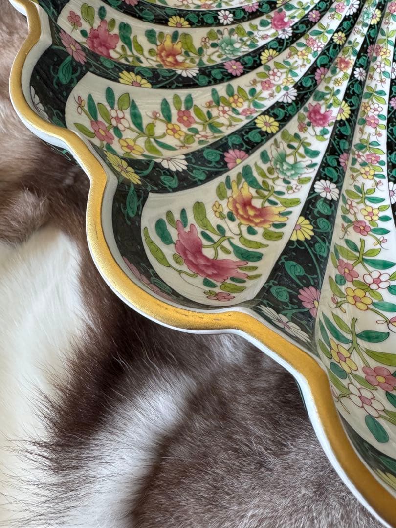 HERENDヘレンド　西安の黒　41cm 脚付き貝形大鉢シェルトレイ　マンダリン