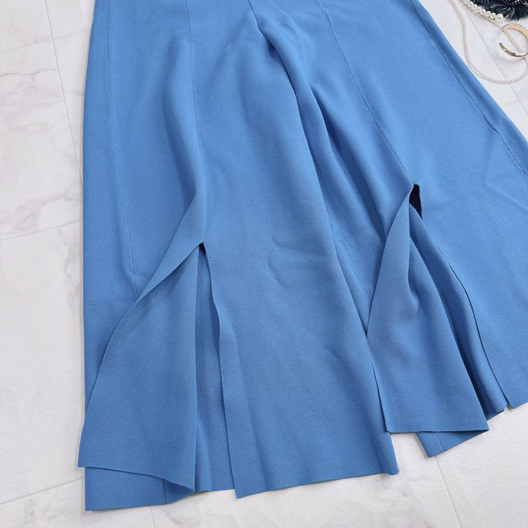 アドーア ドライストレッチ スリット入り ニットワイドパンツ ブルー 38