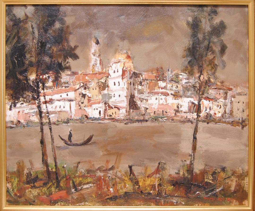 友成晴雄 F8 肉筆 風景画 「 水路 」 油絵 油彩画