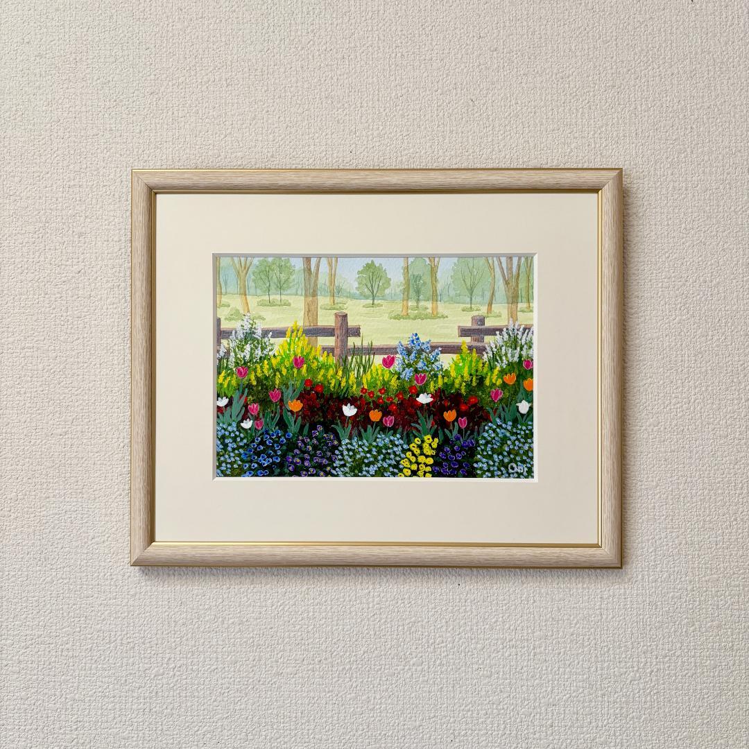 アクリル画　原画　「小さな花壇02」額縁付　SMサイズ