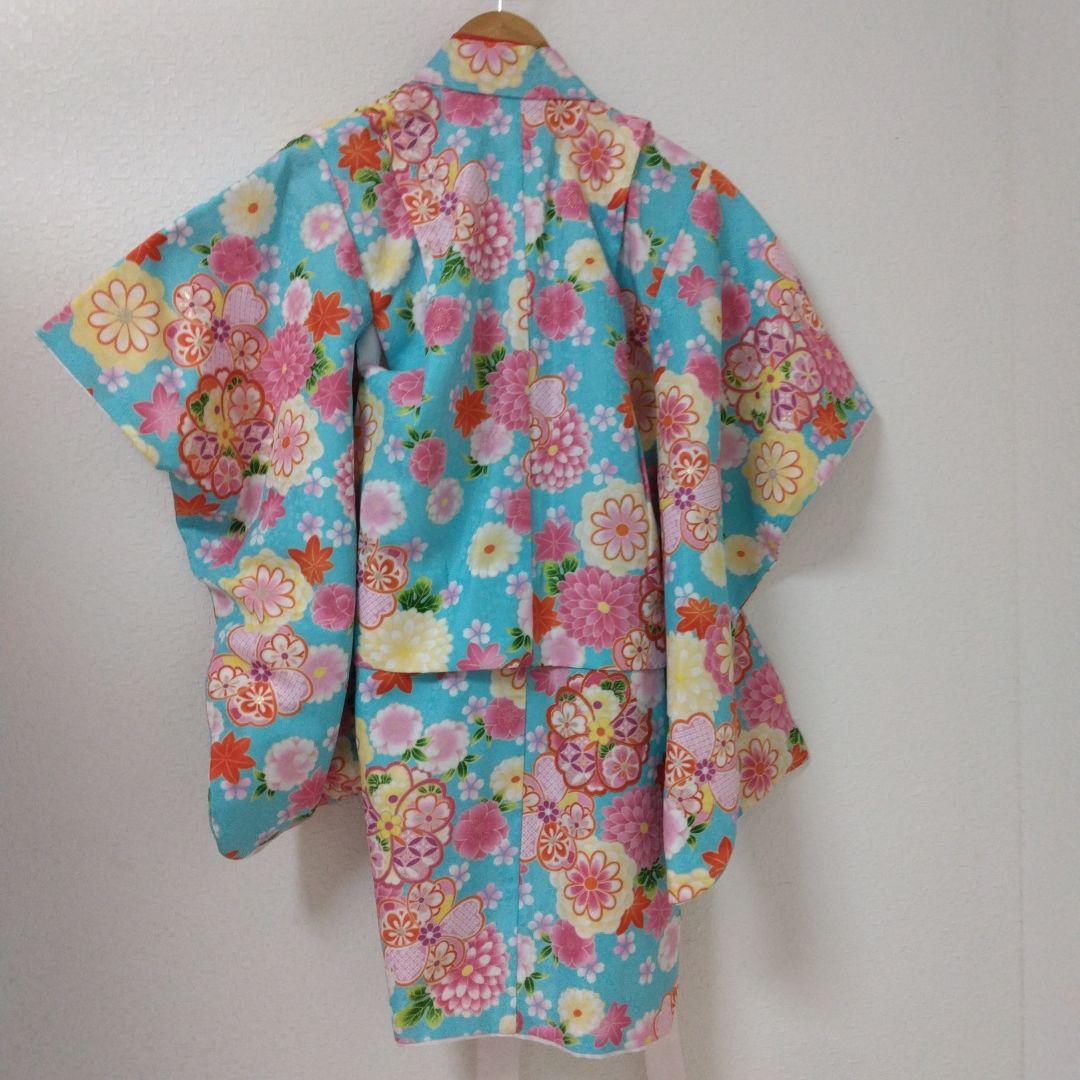 七五三8点①花刺繍被布着②着物③花刺繍襟長襦袢④髪飾り⑤ファー⑥足袋⑦草履⑧巾着