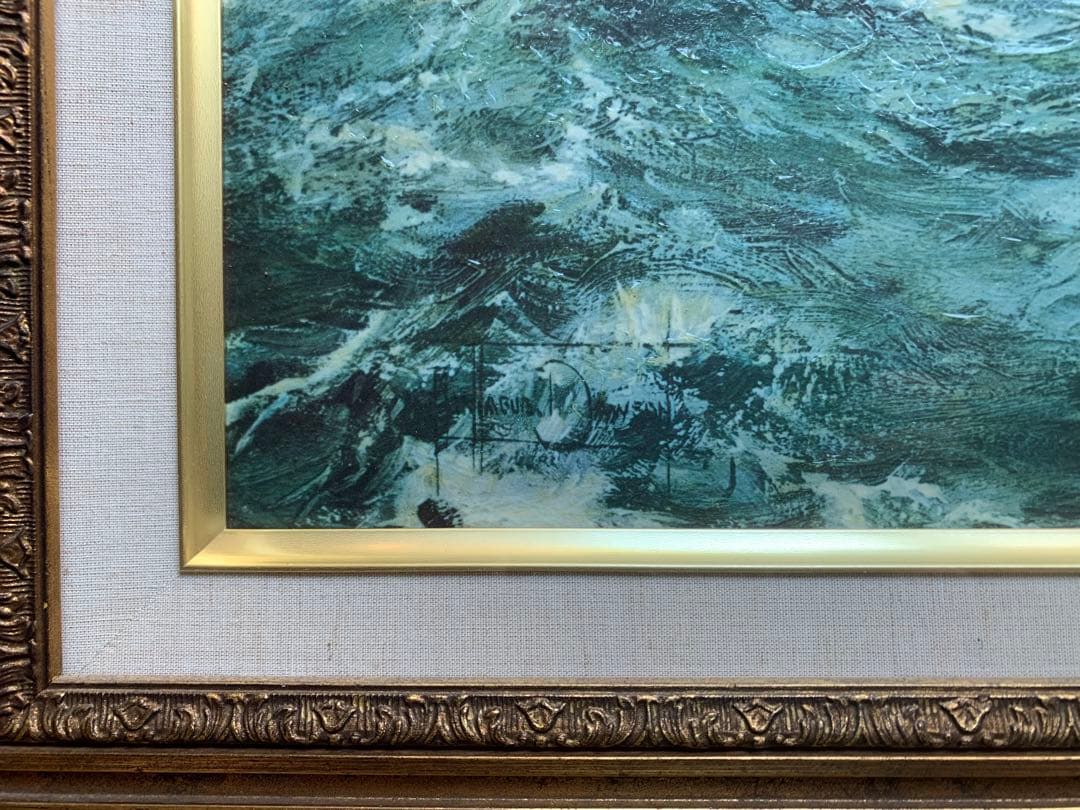 送料無料】油彩画 美術 インテリア 風景画 海上の帆船 額縁 94×82センチ