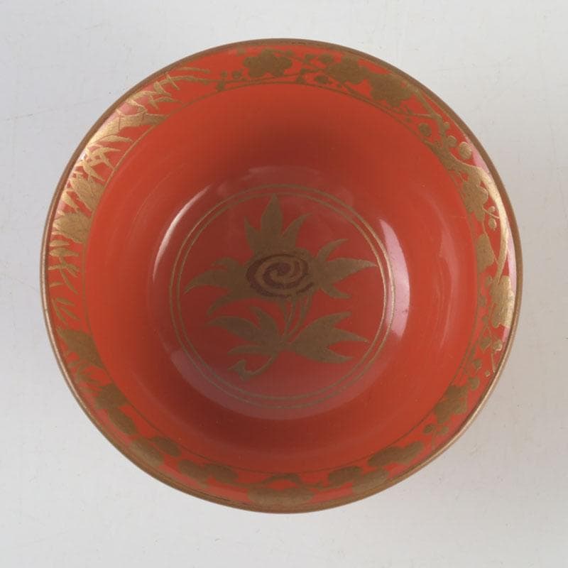 時代根来 朱塗 山水人物蒔絵 杯 盃 在銘 共箱 C 9394