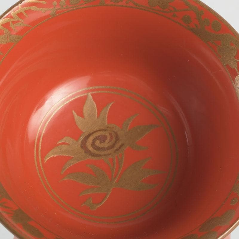 時代根来　朱塗　山水人物蒔絵　杯　盃　在銘　共箱　C　9394