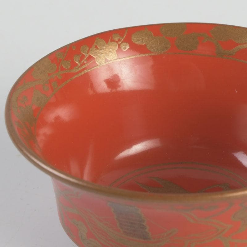 時代根来 朱塗 山水人物蒔絵 杯 盃 在銘 共箱 C 9394