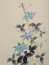 【真作】掛軸　平松惇　鉄仙花　優雅な花卉掛軸　淡彩で描く涼風　共箱入　T63