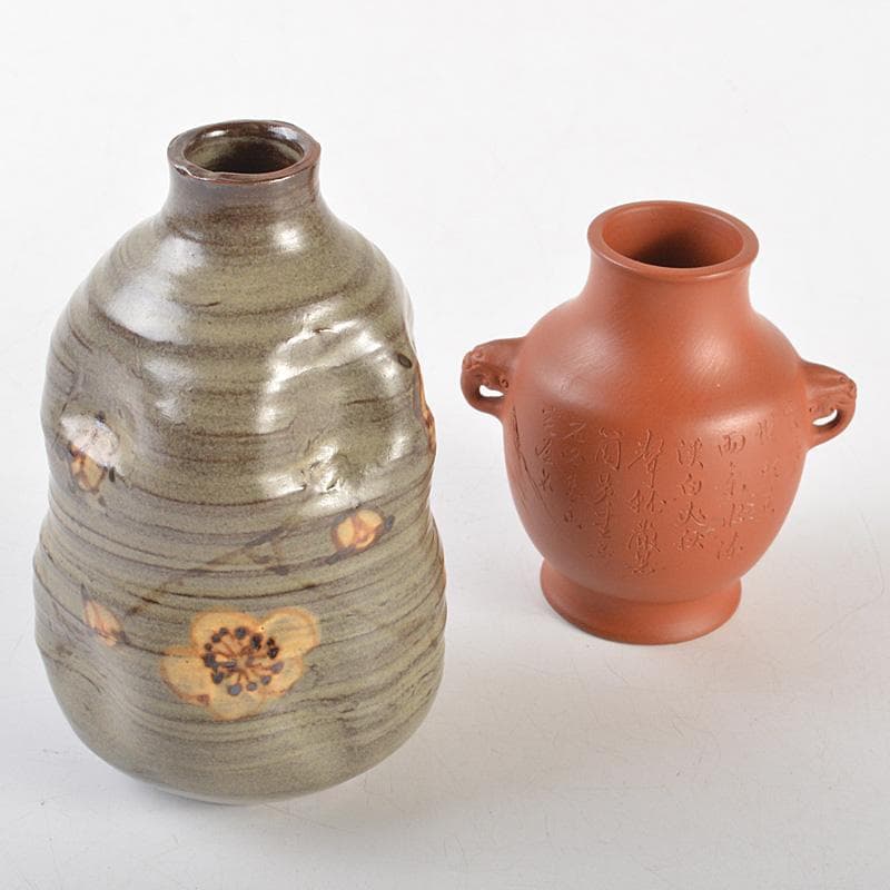 佐渡無名異焼　人間国宝　金渓堂　伊藤赤水造　一輪挿　共箱　2点　V　R7315