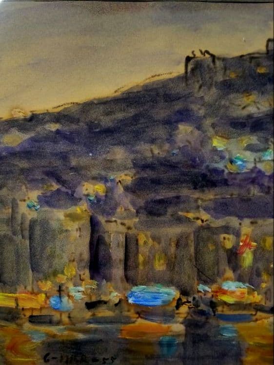 「マルセイユの丘、ノートルダム・ド・ラ・ガルド寺院」 田村孝之助　肉筆　水彩