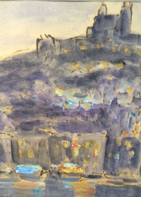 「マルセイユの丘、ノートルダム・ド・ラ・ガルド寺院」 田村孝之助　肉筆　水彩