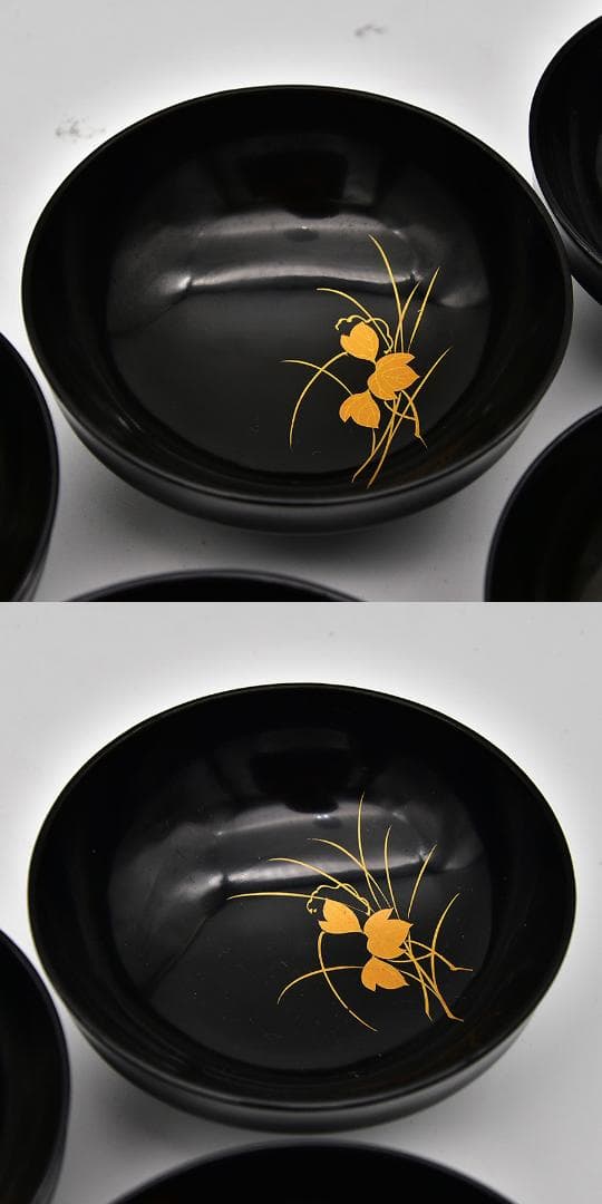 時代年代物 輪島塗 蓋椀 五客 木製黒漆 花草に蝶 金蒔絵 漆器 漆芸 食器