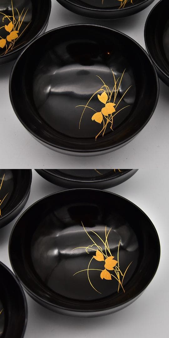 時代年代物 輪島塗 蓋椀 五客 木製黒漆 花草に蝶 金蒔絵 漆器 漆芸 食器