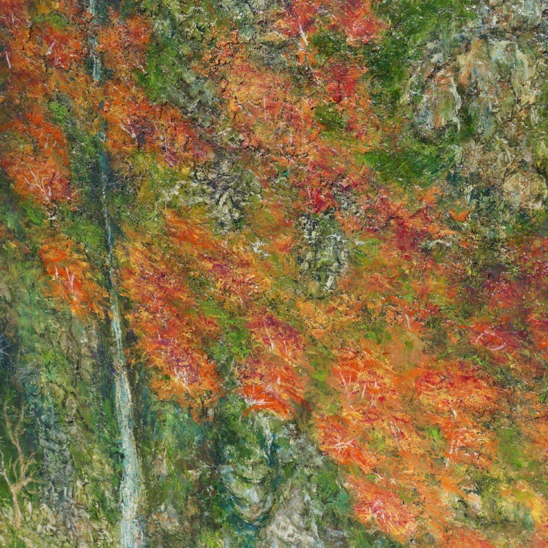 「紅葉と滝」 大きな絵画 油絵 F80号 風景画 迫力