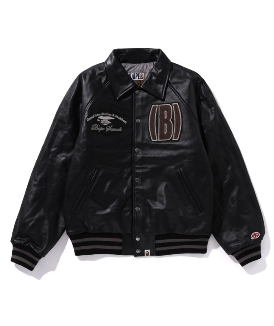 新品未使用 アベイシングエイプ レザージャケット スタジャン M A BATHING APE（アベイシングエイプ）の「(B)APE LEATHER VARSITY