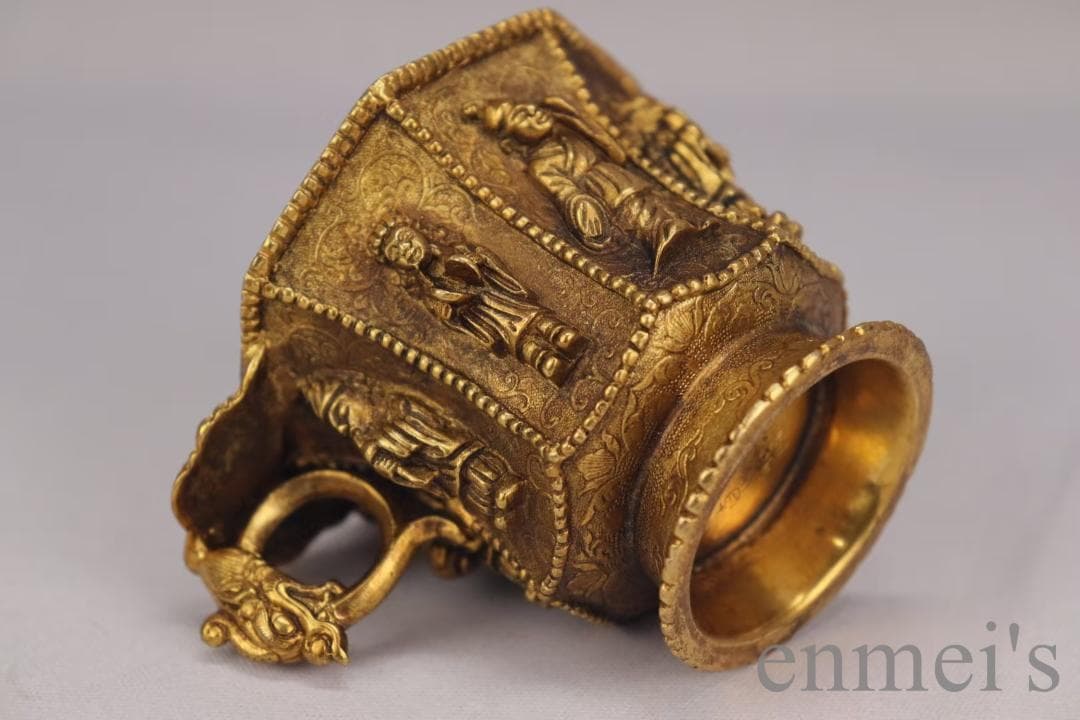 中国古美術 旧蔵 唐代 大唐貞觀款 鍍金銅酒杯 八仙紋