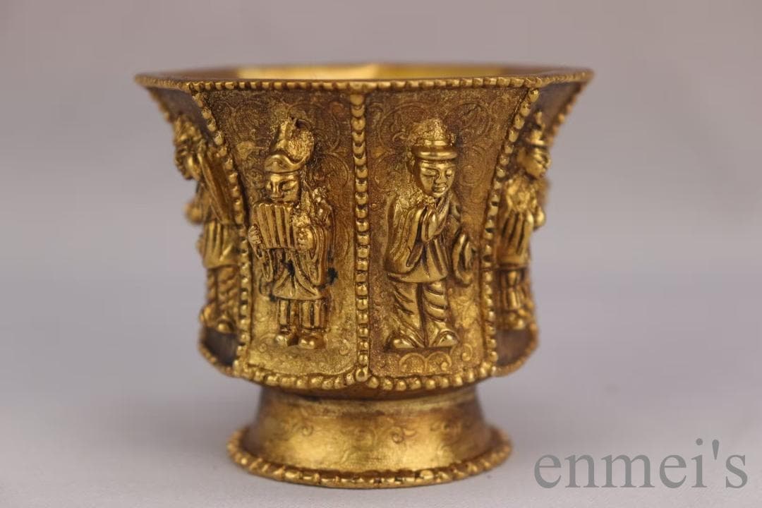 中国古美術 旧蔵 唐代 大唐貞觀款 鍍金銅酒杯 八仙紋