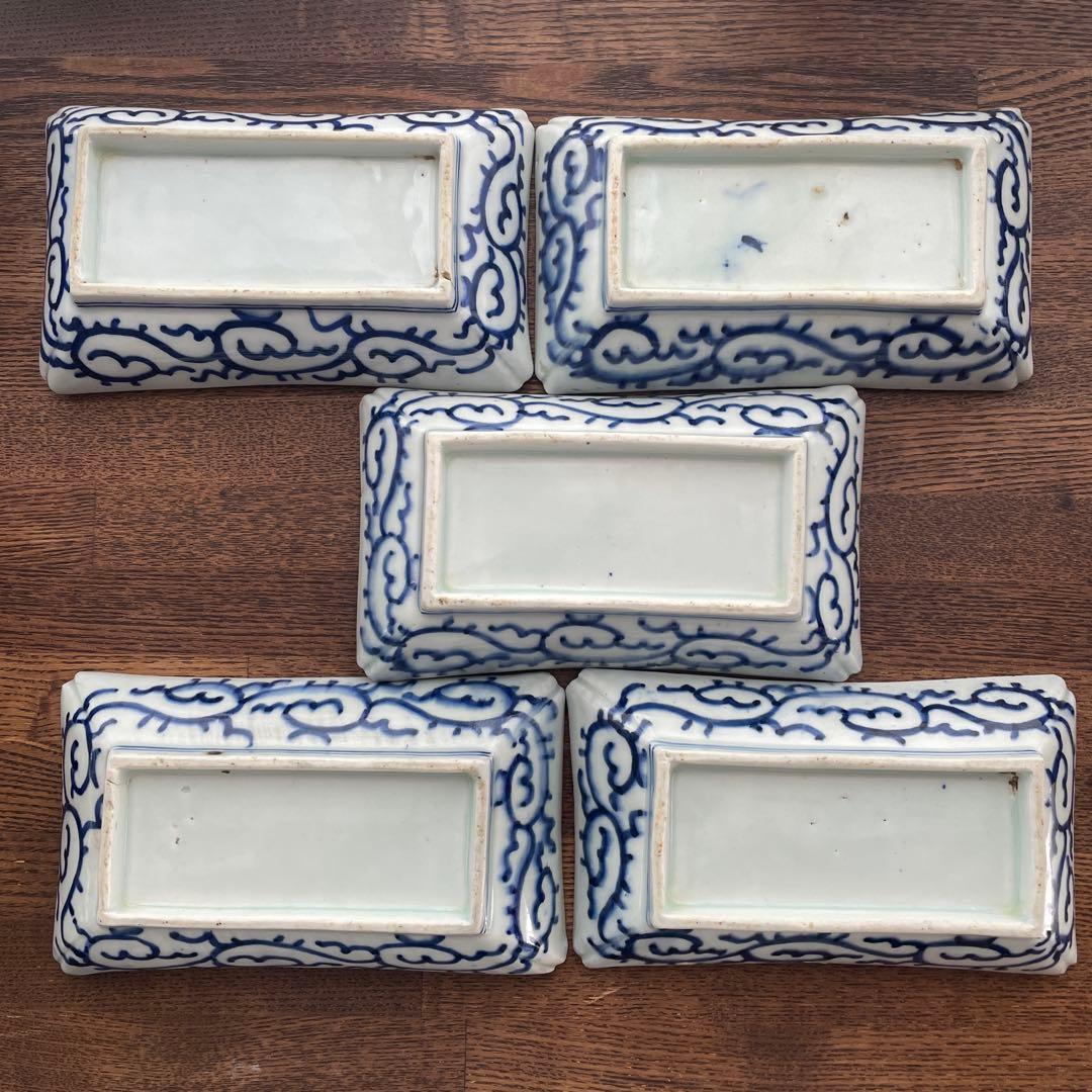 古伊万里染付 微塵唐草 松竹梅 五客揃 長皿5客 骨董アンティーク