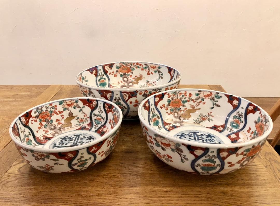 古伊万里 色絵 窓絵 三ツ鉢 三つ組鉢 二重高台 江戸末期 生活