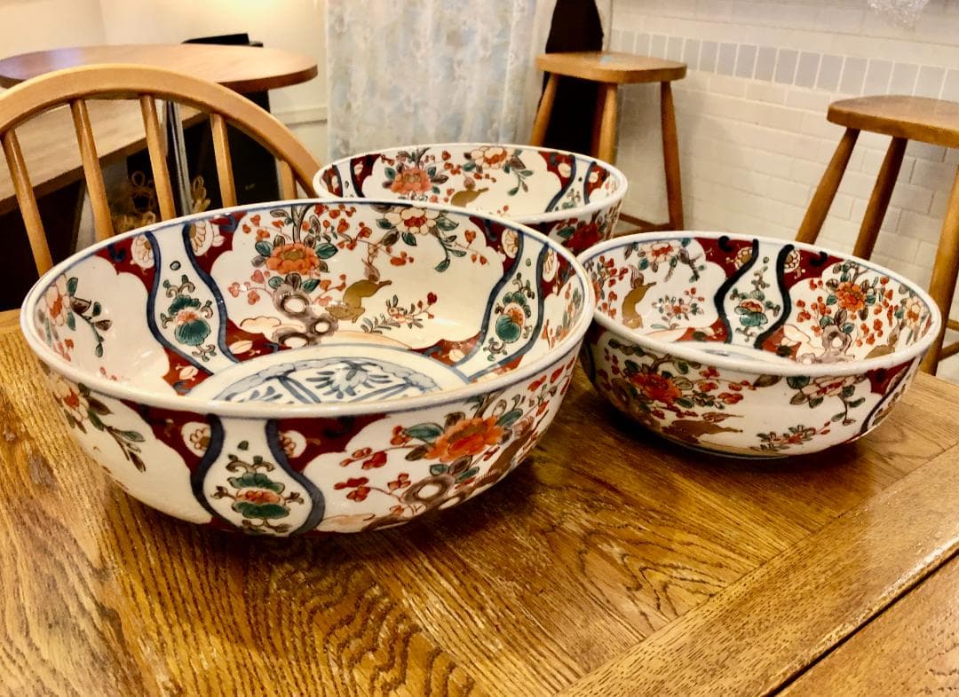 古伊万里 色絵 窓絵 三ツ鉢 三つ組鉢 二重高台 江戸末期 生活