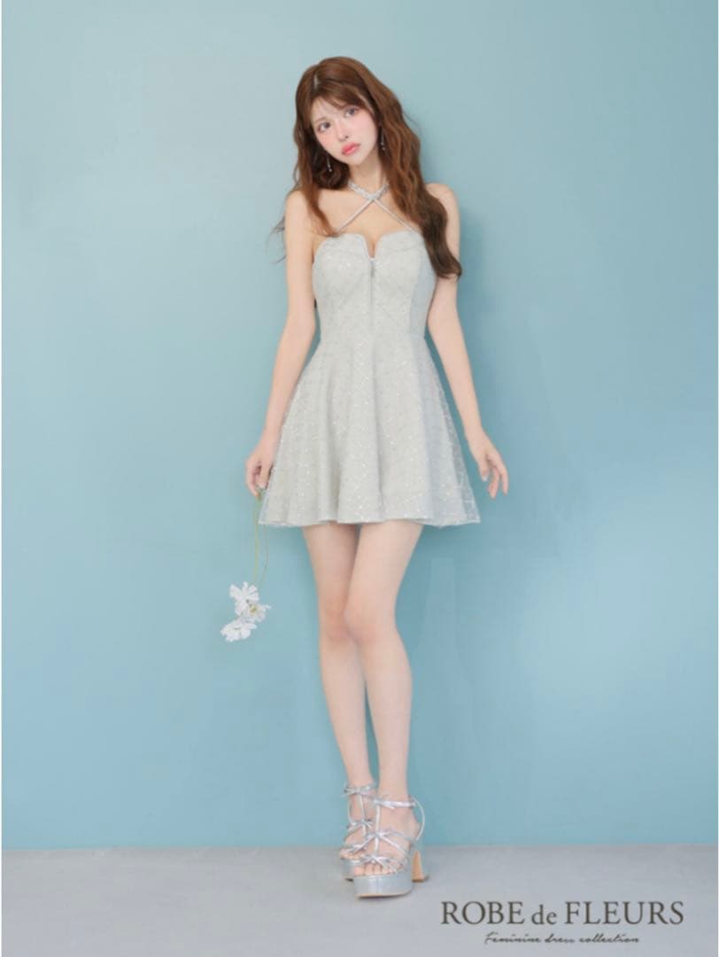 ROBE de FLEURS ビジューホルターラメニットフレアミニキャバドレス