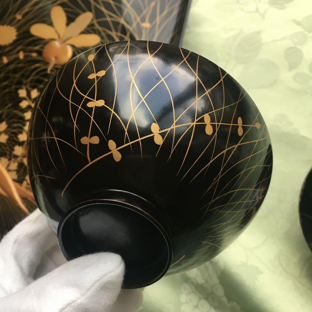 逸品　極上春の七草蒔絵　四方脚付膳　蓋付碗セット　A