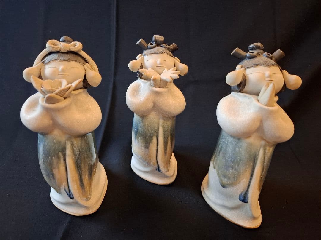 難あり】砥部焼 森元青芳「念ずれば花開く」3体セット