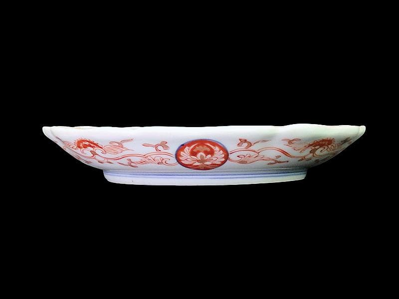 古伊万里 金襴手 松竹梅 菊花四方襷紋に花の図 6寸皿