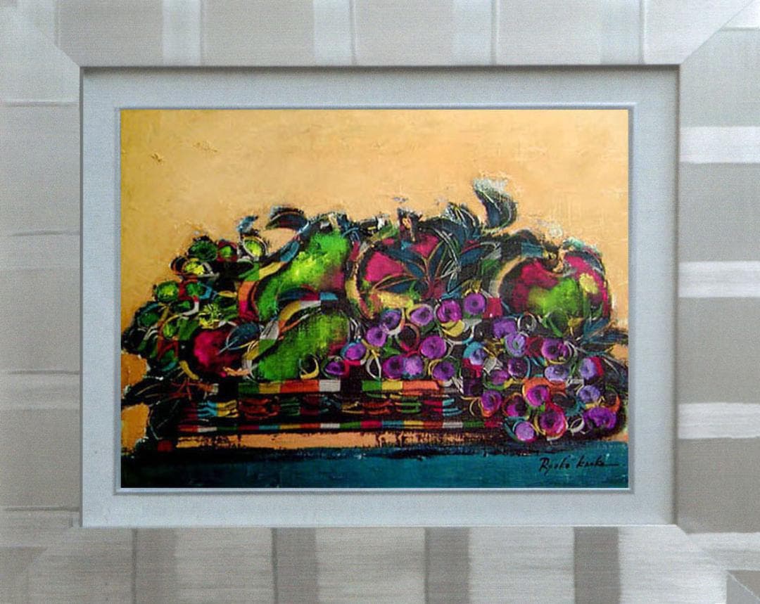 油絵 絵 絵画インテリア 額付(青緑＋金色の枠) uF6-061104 静物果物