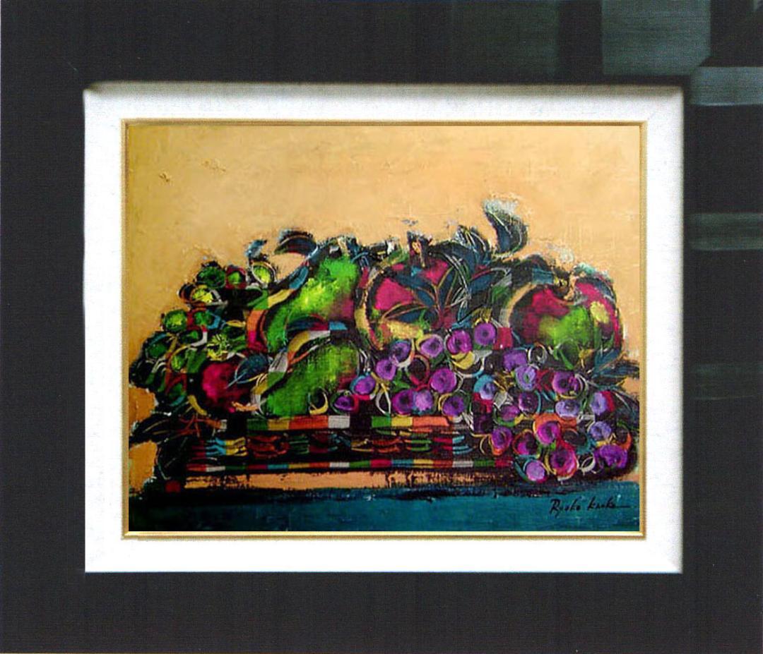 油絵 絵 絵画インテリア 額付(青緑＋金色の枠) uF6-061104 静物果物