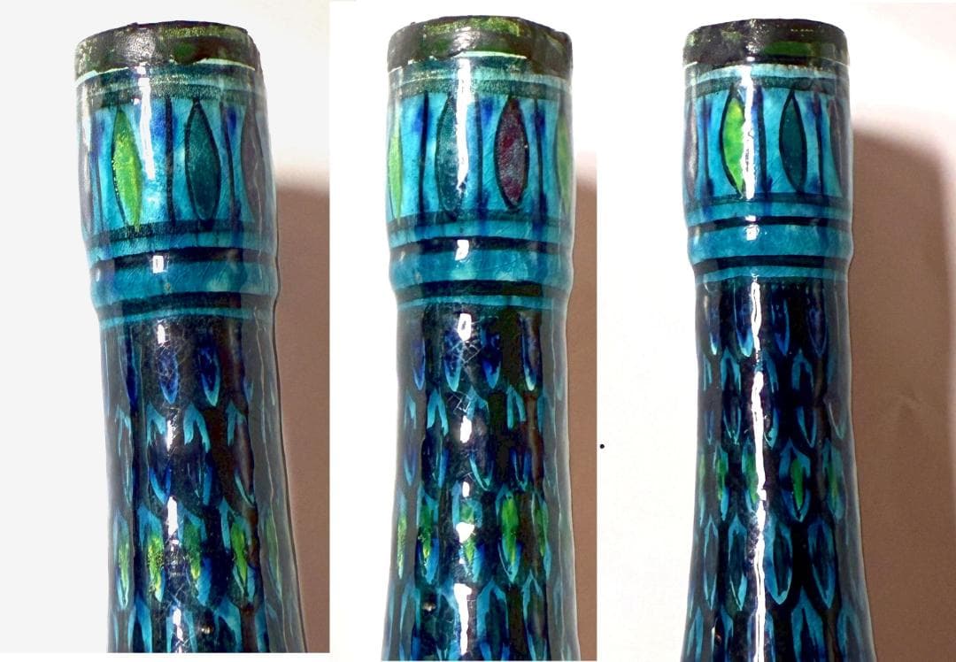 ターコイズグリーンに黒や色とりどりの細首ボトル❁幾何学的 うろこ模様（