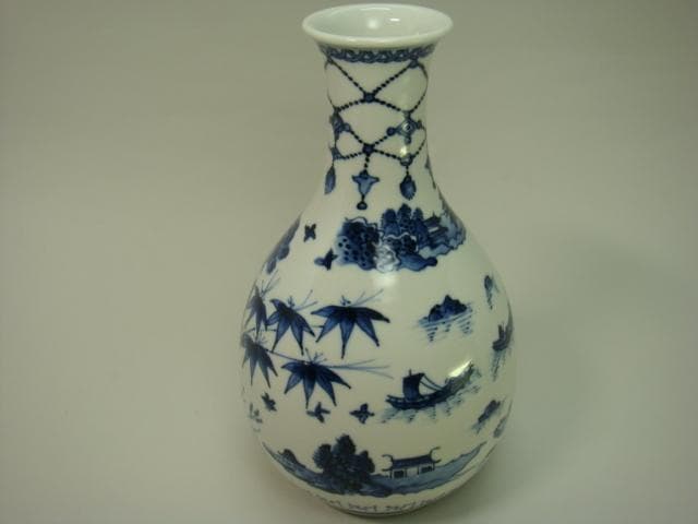 花瓶□幹山伝七 染付徳利花器 松竹梅紋 山水 箱付き 古