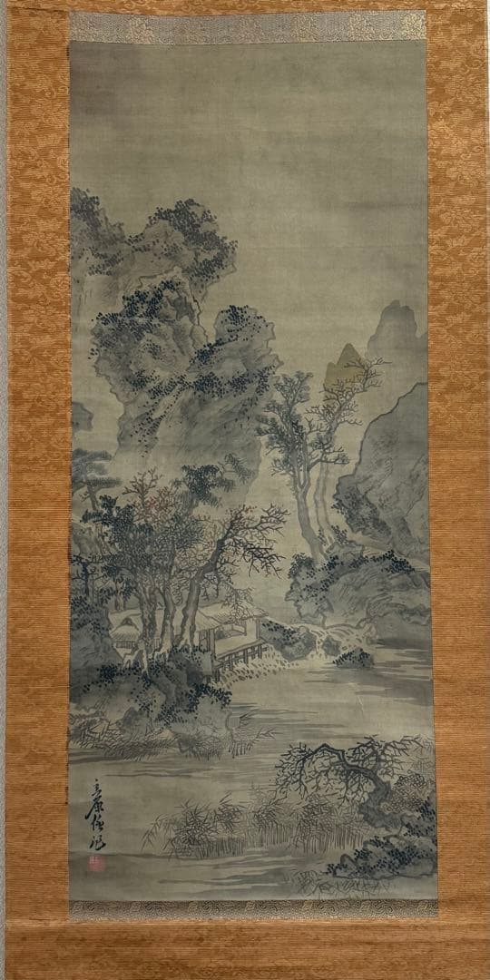 立原杏所筆　絹本肉筆　淡彩山水　古美術　掛軸　共箱　送料込み250902