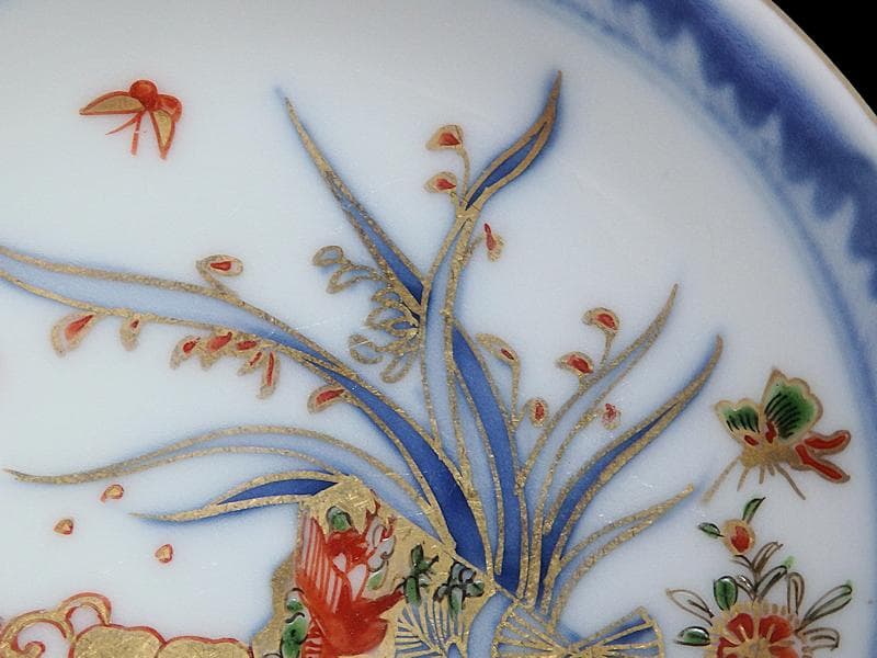 古伊万里 染錦 扇に蘭 蝶に撫子の図 4寸皿 5