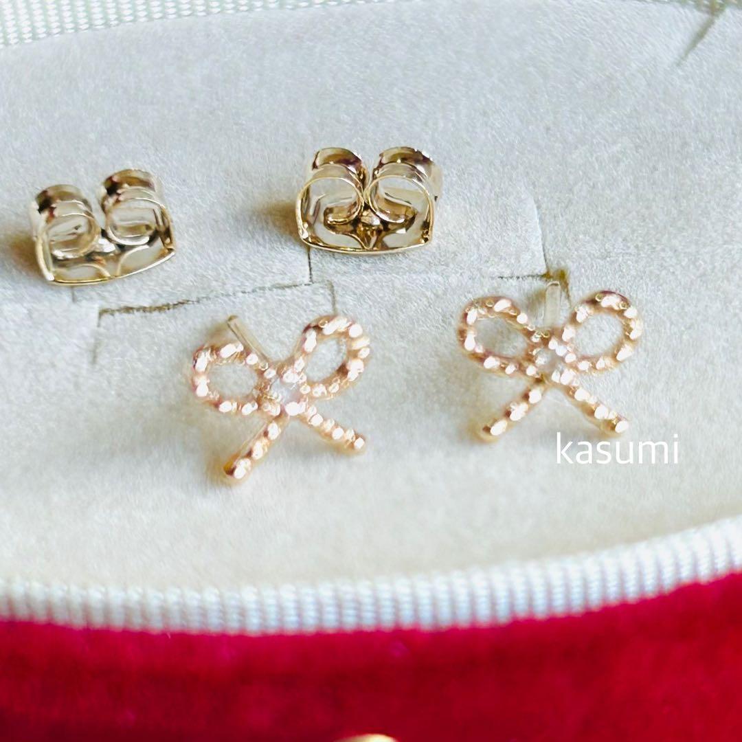 agete】アガット ピアス K10 リボン ダイヤ