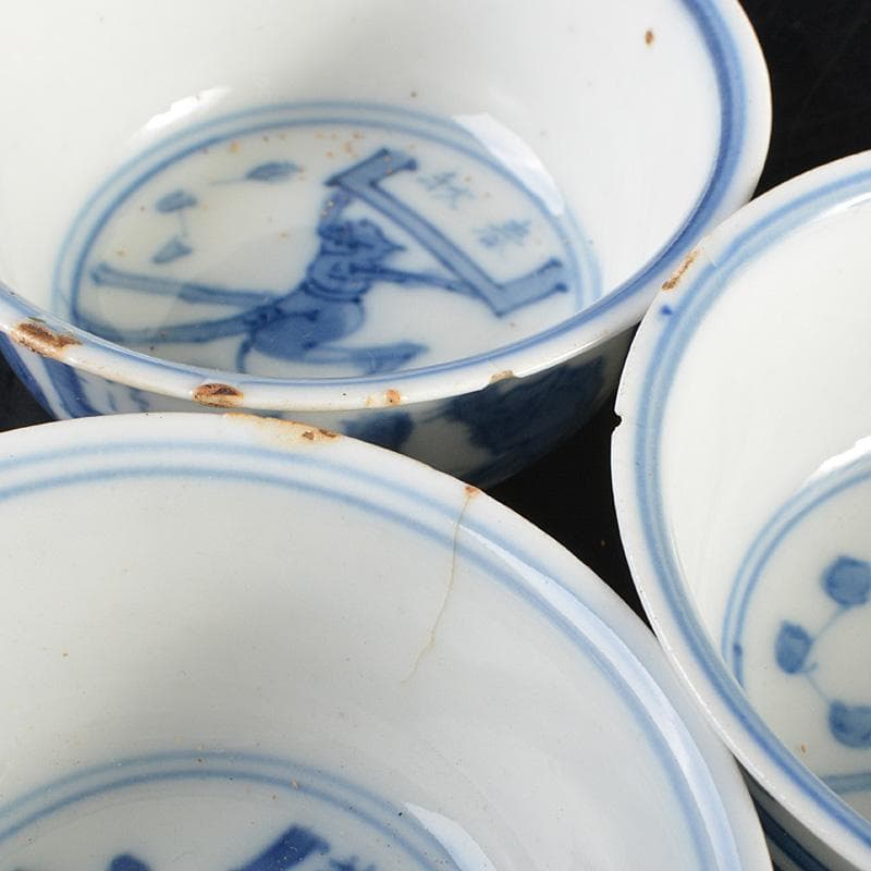 煎茶道具　青花染付　神獣文　煎茶器　五客　時代箱付　M　R7337