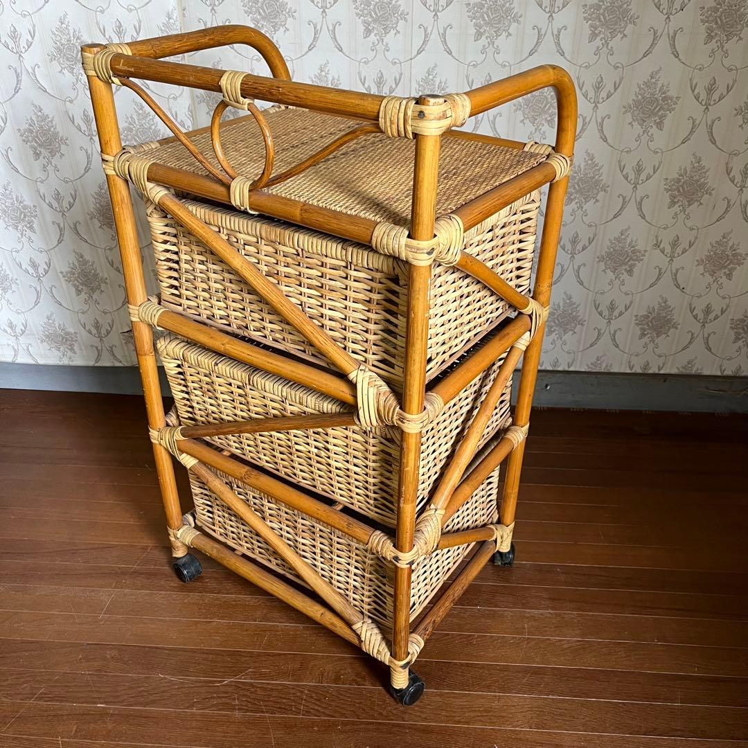 【アンティーク】籐 ラタン キャスター付き ランドリーラック 3段チェスト