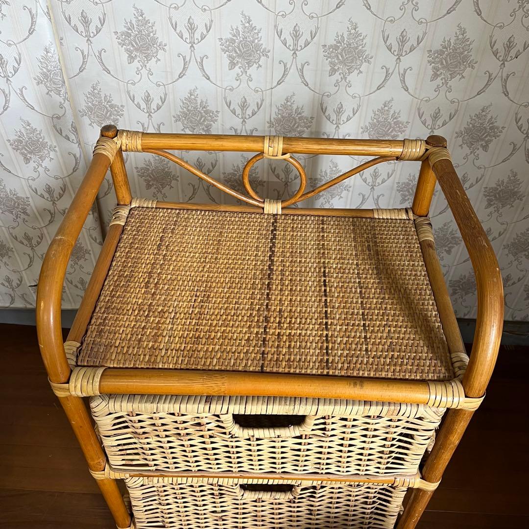 【アンティーク】籐 ラタン キャスター付き ランドリーラック 3段チェスト