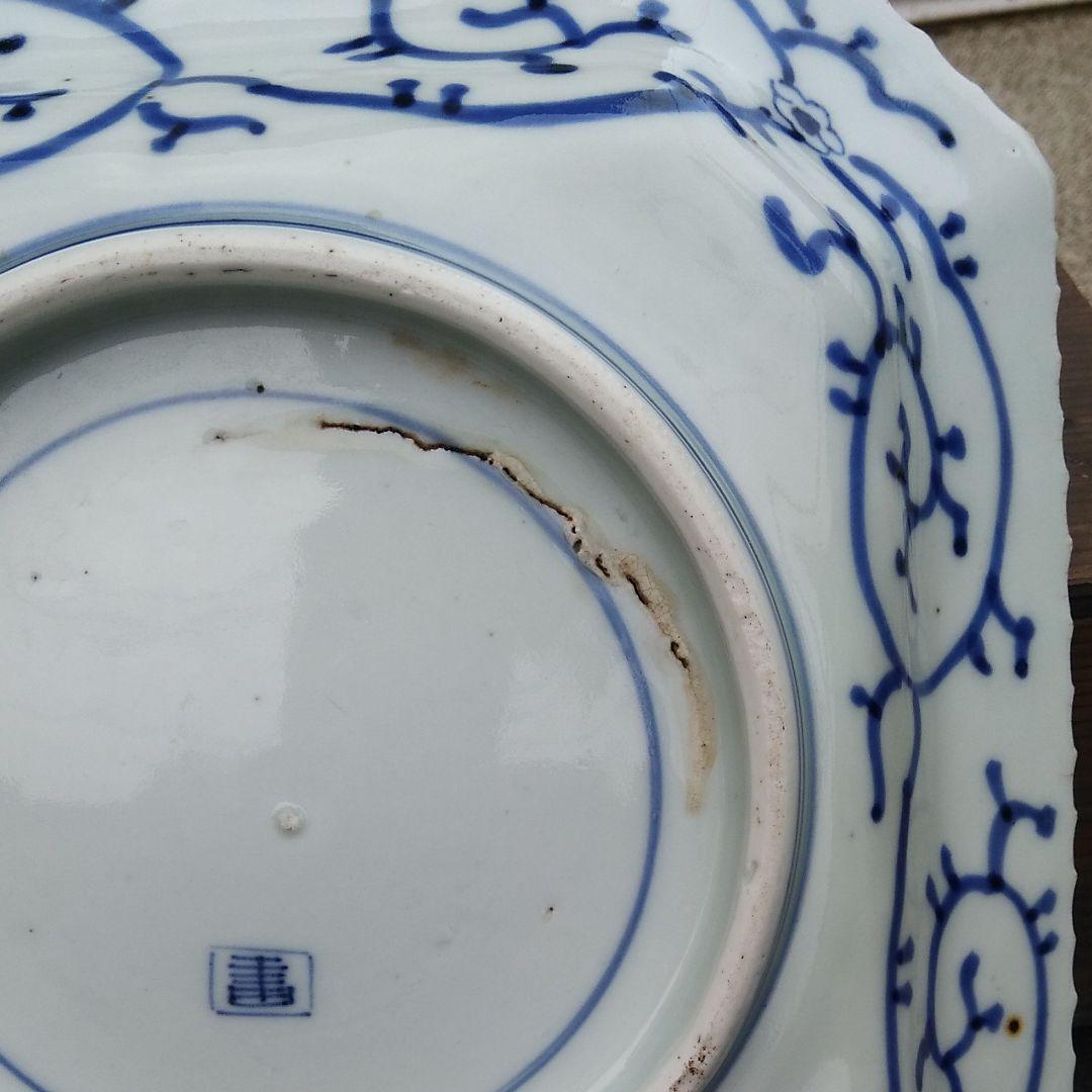 古伊万里線描菊花紋隅切り角皿