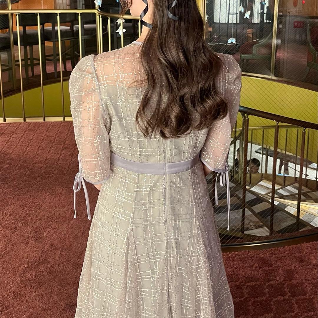 LEJA-チェック刺繍スパンコール袖リボンワンピースドレス