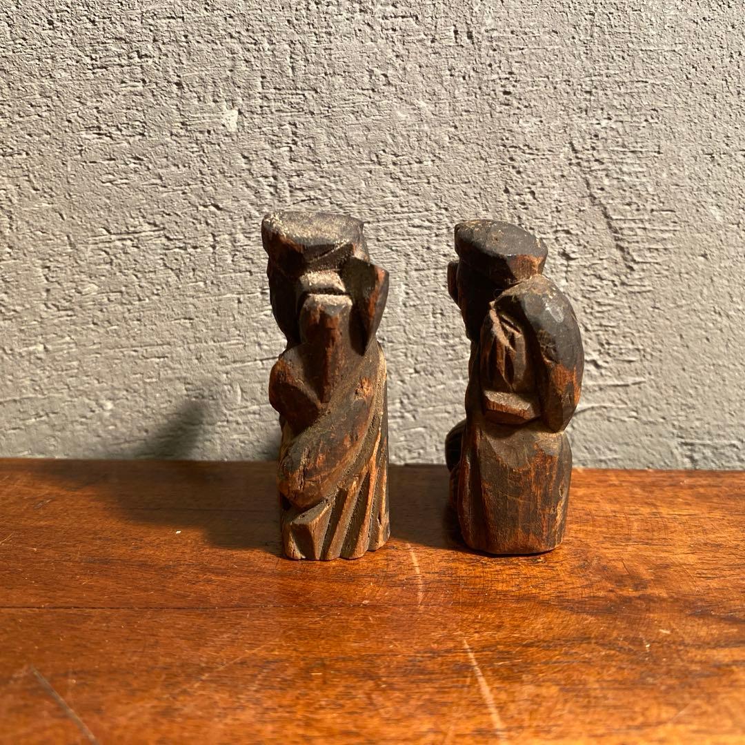 時代物 明治 大黒天 恵比寿 木彫置物 骨董品 コレクション 5.5cm