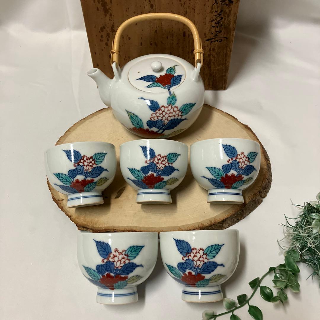色鍋島焼 人間国宝十二代 今泉今右衛門窯 錦藤袴絵茶器セット急須湯呑5